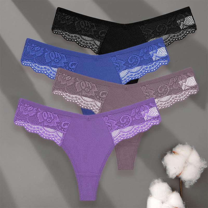 4PCS/Set Sexy V-Waist Women Cotton G-string S-XL Lace Lingerie Panties Thongs Femme Underwear Girls Underpant Intimates