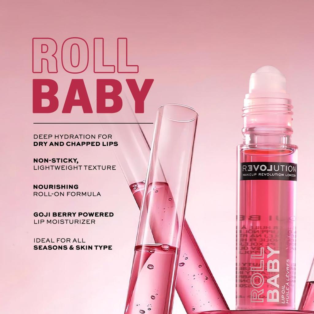 Масло для губ Makeup Revolution Relove Roll Baby для женщин, Водостойкое и Стойкое, Обогащено маслом шиповника и ягодами годжи, Без парабенов и не тестируется на животных, Полный