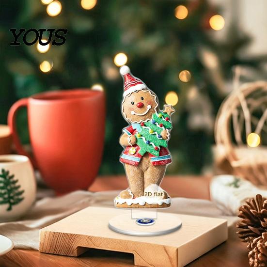 Настольное украшение на Рождество Xmas, Акриловое украшение, 2D Плоская елка, Пряничный человечек с декоративной праздничной вращающейся подставкой, Центр стола