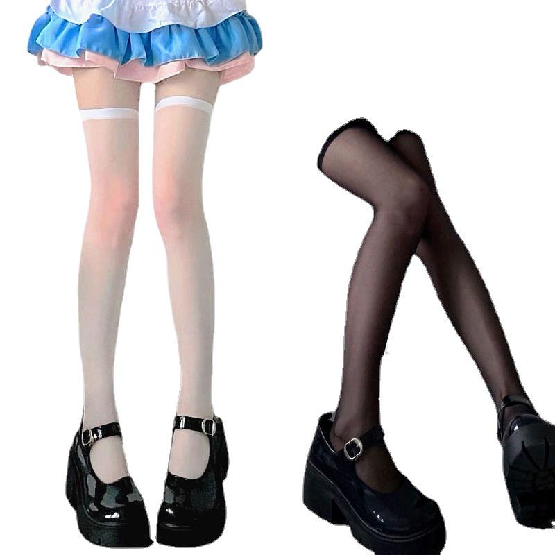White Silk Over-the-Knee Lolita Stockings - Anti-Snag Thin Summer Socks