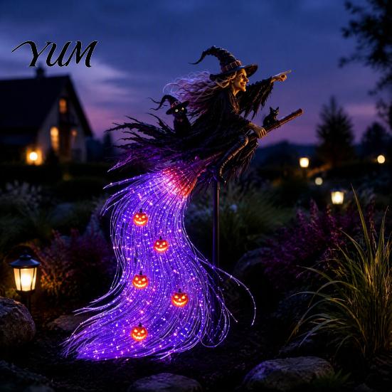 Waterproof Resin Witch Figurine Solar Halloween Garden Stake Light, Metal Flying Broomstick Outdoor Decorations Pathway Light with Waterfall