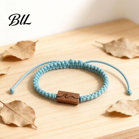 Simple Two Tone Woven Cord Adjustable Rope Bracelet with Wooden Charm, Ocean Wave/Mountain for Durable Wear Resistant String Wristband Women