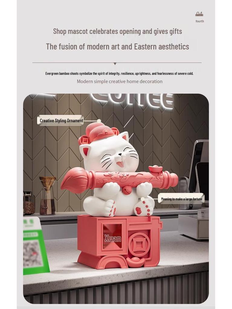 Large Chinese Style Fortune Cat Figurine - Ideal for Housewarming, Office Decor, or Reception Area