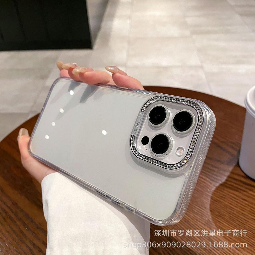 Акриловый чехол для мобильного телефона iPhone16ProMax с алмазной рамкой, большое отверстие Apple 15, прозрачный, противоударный, защитный