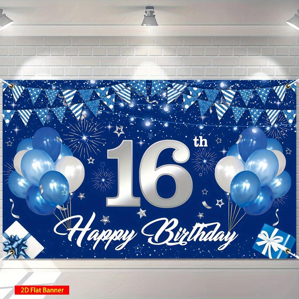 2D plane, 1 piece of blue 16th birthday decoration banner, suitable for boys and girls in navy blue