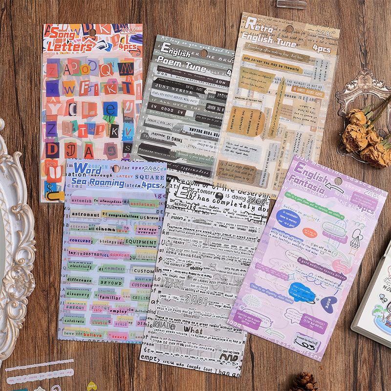 6 styles 4 sheets English short rhyme series vintage Decoration sticker Scrapbooking Material Diary Album Junk Journal Supplies