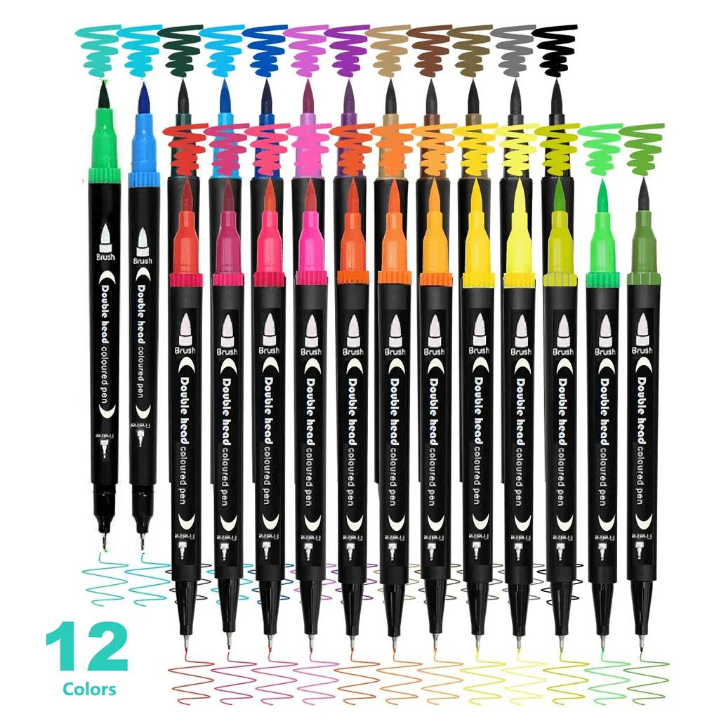 12Pcs Double Ended Art Marker Pens Set For Artists Fine And Brush Coloring Random Colors
