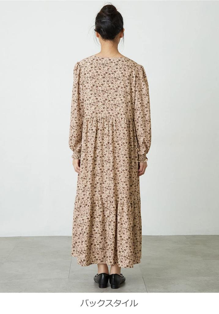 Платье для беременных объемное многоярусное с цветочным принтом длинное V-образный вырез черное с цветочным принтом 10131202 [ANGELIEBE] Платье, Рукава, Подол, Узор, Платье, Дородовое, Послеродовое, На подкладке, Рукав, Вырез,