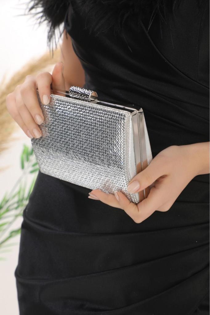 Women's Stylish and Useful Evening Dress Bag Silver Color Glass Stone Chain Strap Evening Dress Portfolio Clutch Women's Evening Bag
