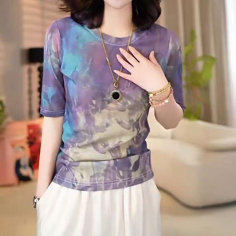 Womens Tie Dye Print T Shirt Round Neck Half Sleeve Casual Slim Fit Top