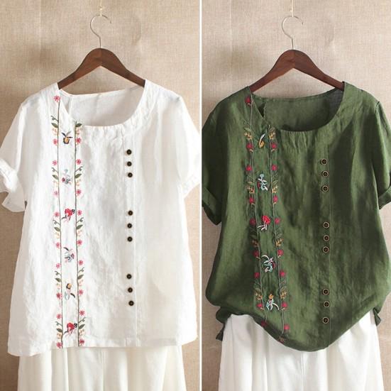 O-Neck Short Sleeve Loose Fit Women Shirt Embroidery Flower Print Buttons Decor Shirt Top Streetwear