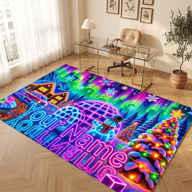 Christmas Theme Soft Crystal Velvet Rug Custom Name & Text Print Non Slip Floor Rug for Bedroom Living Room
