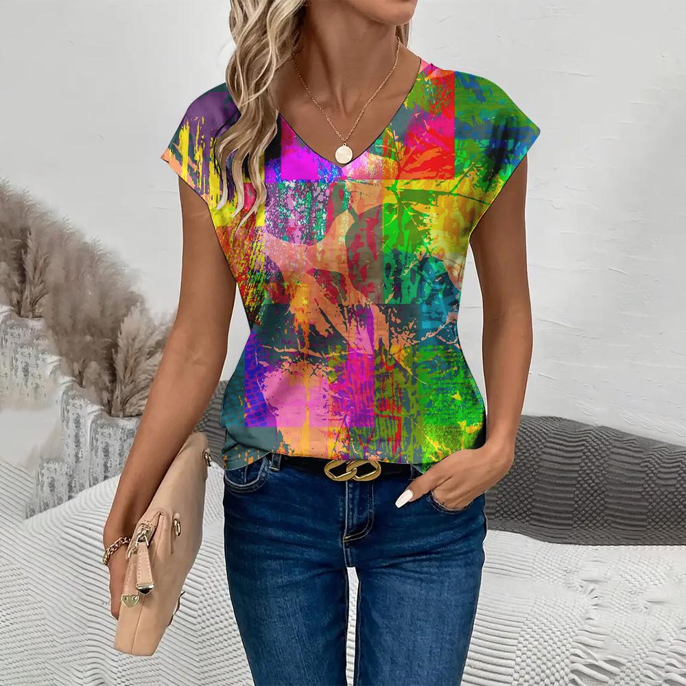 Женская футболка с v-образным вырезом, 3D граффити, абстрактный принт, свободные повседневные топы с короткими рукавами, модные летние женские жилеты, футболки больших размеров