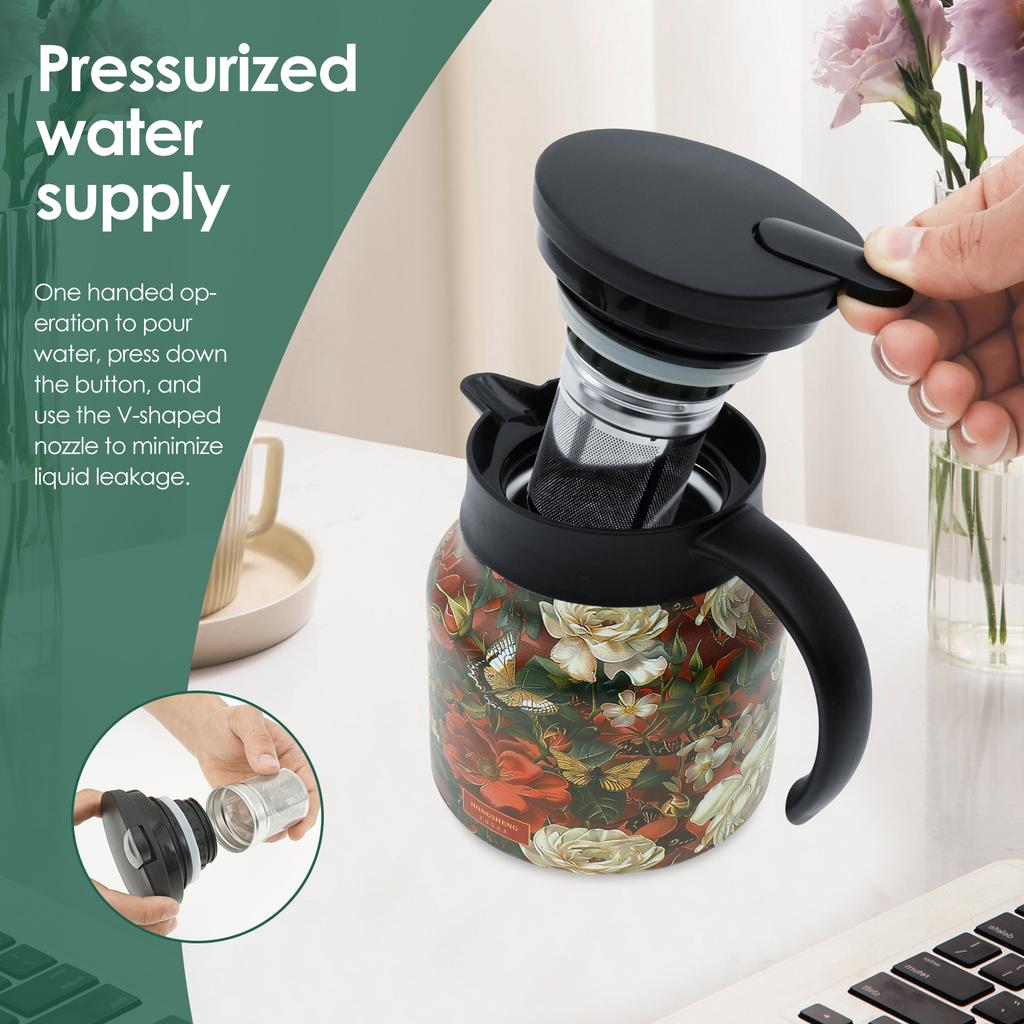 Чайник из нержавеющей стали Винтажный чайник с цветочным узором с ситечком Съемный изолированный чайник Бытовой чайник