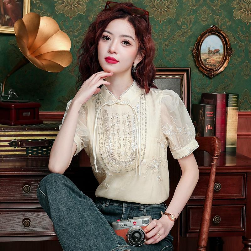 Новая модная летняя шифоновая блузка в китайском стиле с коротким рукавом и воротником-стойкой, вышитая бисером, женская рубашка J375