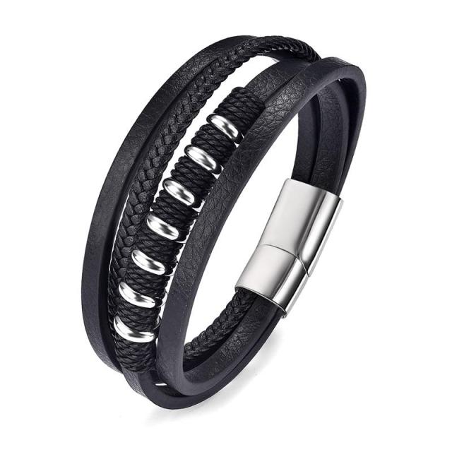 Fashion Stainless Steel Charm Men Bracelet Magnetic Clasp Braided Mutilayer Leather Wrapping Punk Rock Bangles Man Jewelry Gift