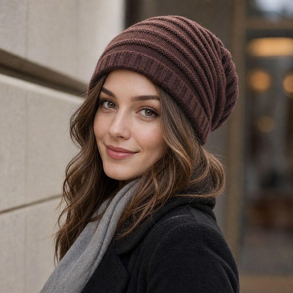Stripe Knit Texture Knit Slouch Hat Solid Color Unisex Beanie Cap New Slouchy Beanie