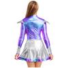 Womens Alien Astronaut Cosplay Dress Long Sleeve Flap Contrast Color Metallic Shiny A-line Space Warrior Dress