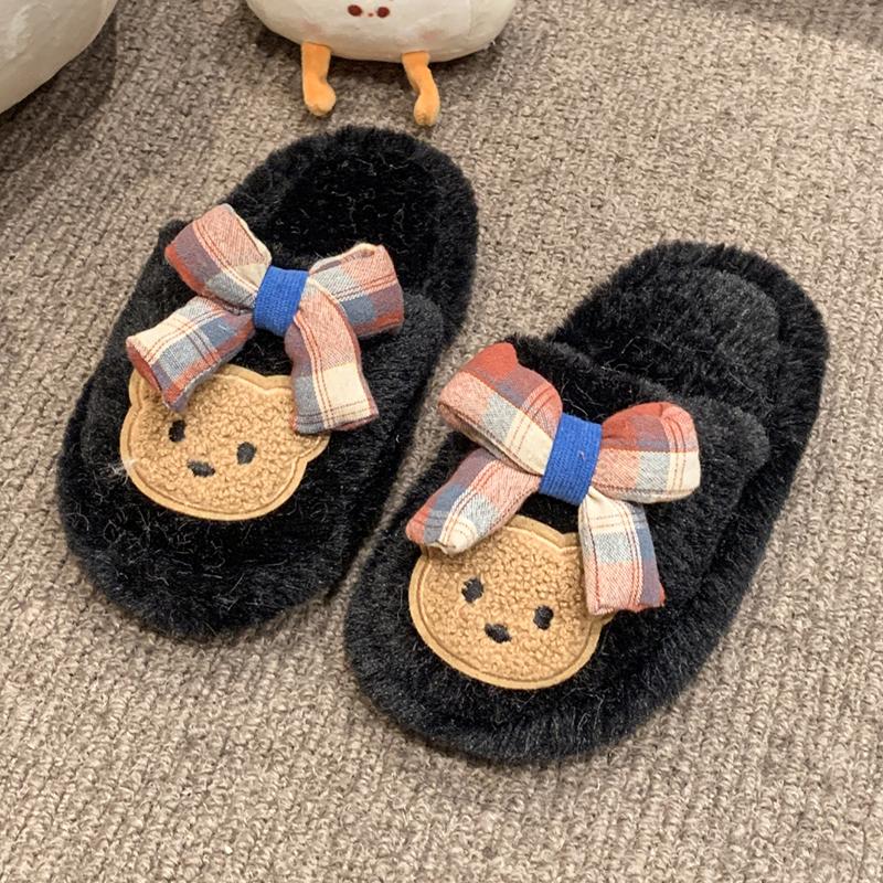 Шикарные детские тапочки для девочек с милым медвежонком и бантом, детская зимняя обувь, мягкая подошва, пушистая, модные, милые, хлопковые тапочки для малышей
