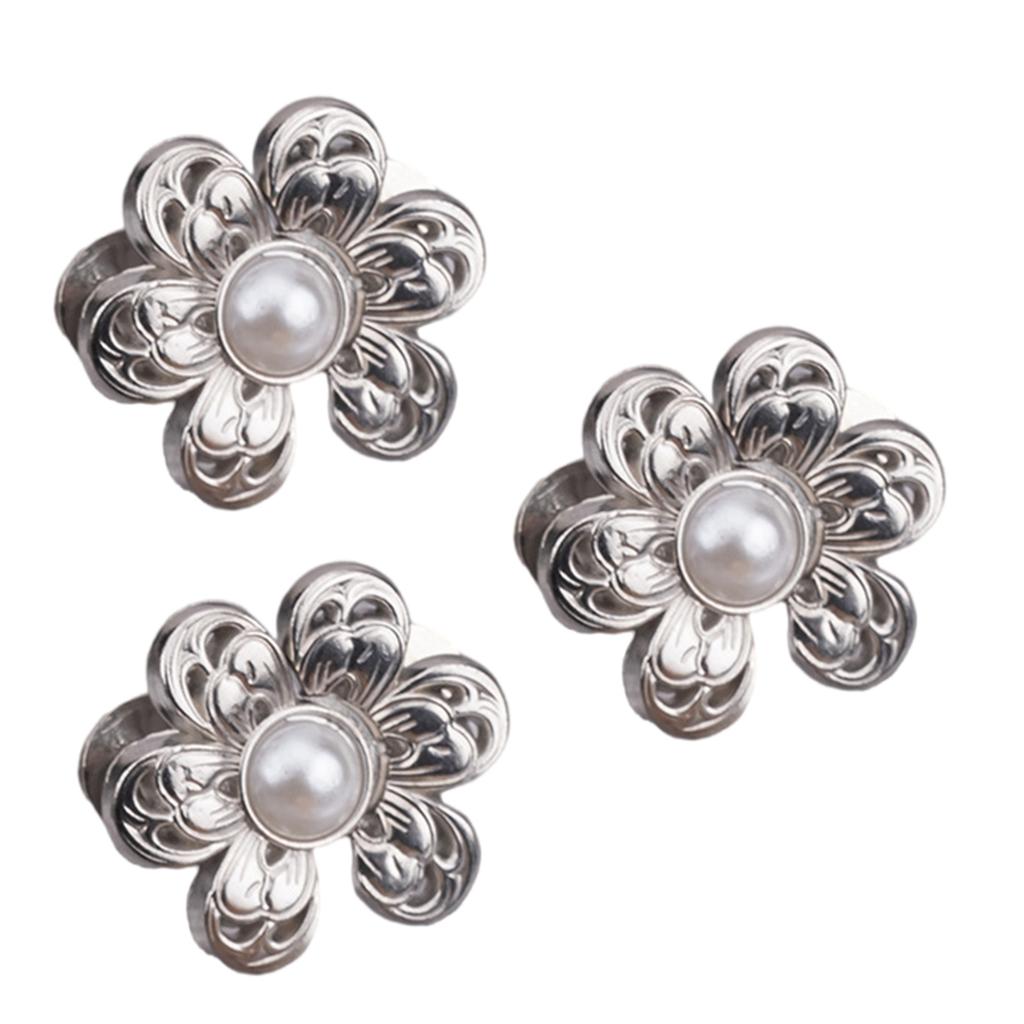 3PCS Pearl Flower Waist Buckle Cincher Clip Waist Brooch Hook for Jeans Pants Plated Waist Tightener Clip Skirt Adjuster