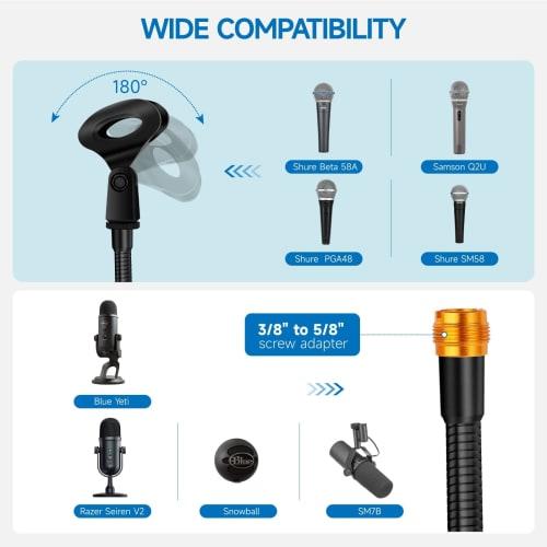 Microphone Stand, Microphone Arm, Gooseneck, Tabletop Microphone Stand for Fixed and Dynamic Microphones, with Extendable Smartphone Holder, Adjustabl