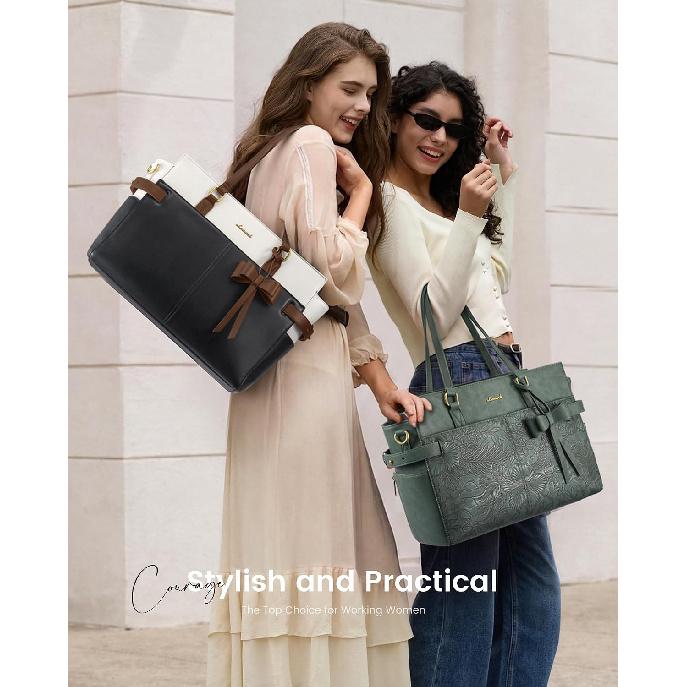 LOVEVOOK Work Tote for Women, PU Leather Laptop Bag with Large Cup Holder | Waterproof, Fits 15.6-Inch Laptop, Business Briefcase, Vintage PU Leather
