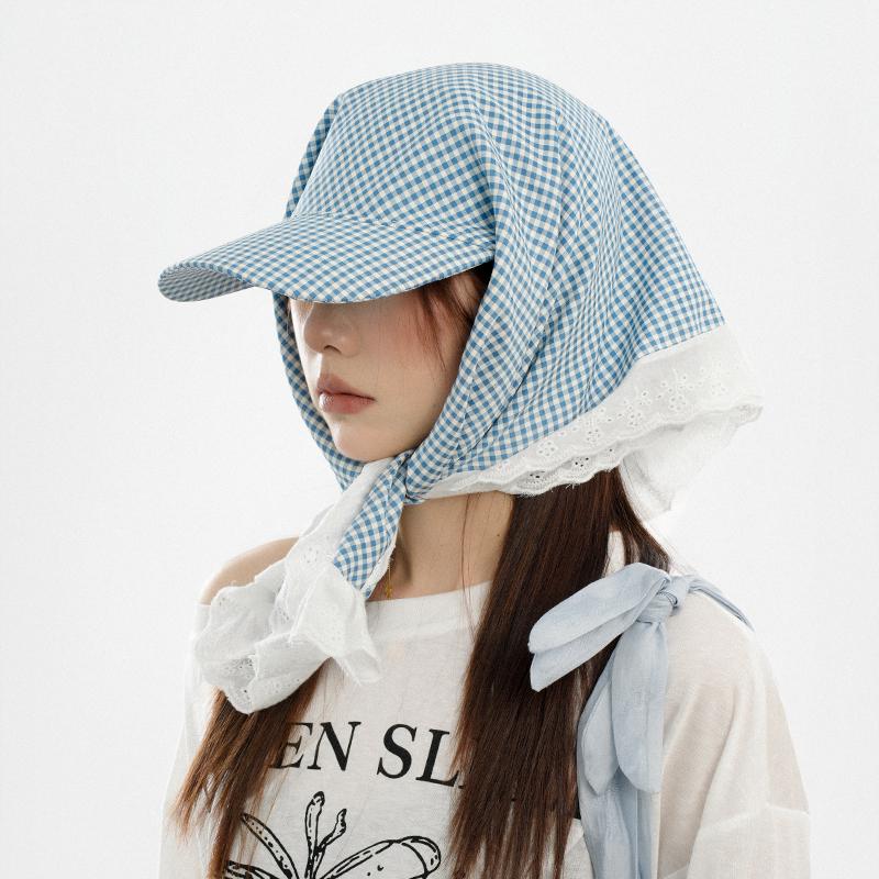 2025 Pastoral Lace Headscarf Women's Fashionable Plaid Triangular Duck Tongue Headscarf Hat Summer Travel Vacation Sun Hat