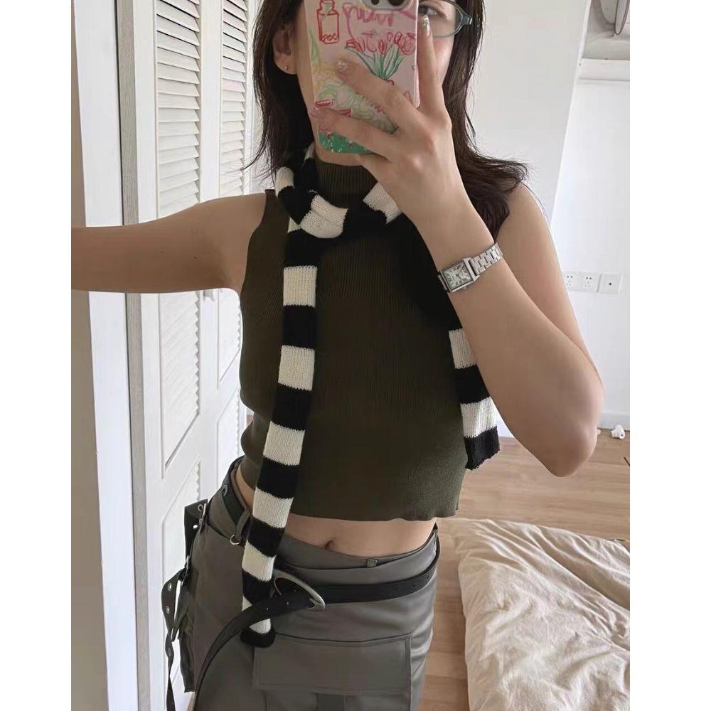 Полосатый шарф Длинный шарф-галстук Женские хлопковые шарфы Тонкий и узкий шарф Харадзюку Полосатые вязаные шарфы Женская грелка для шеи Новый