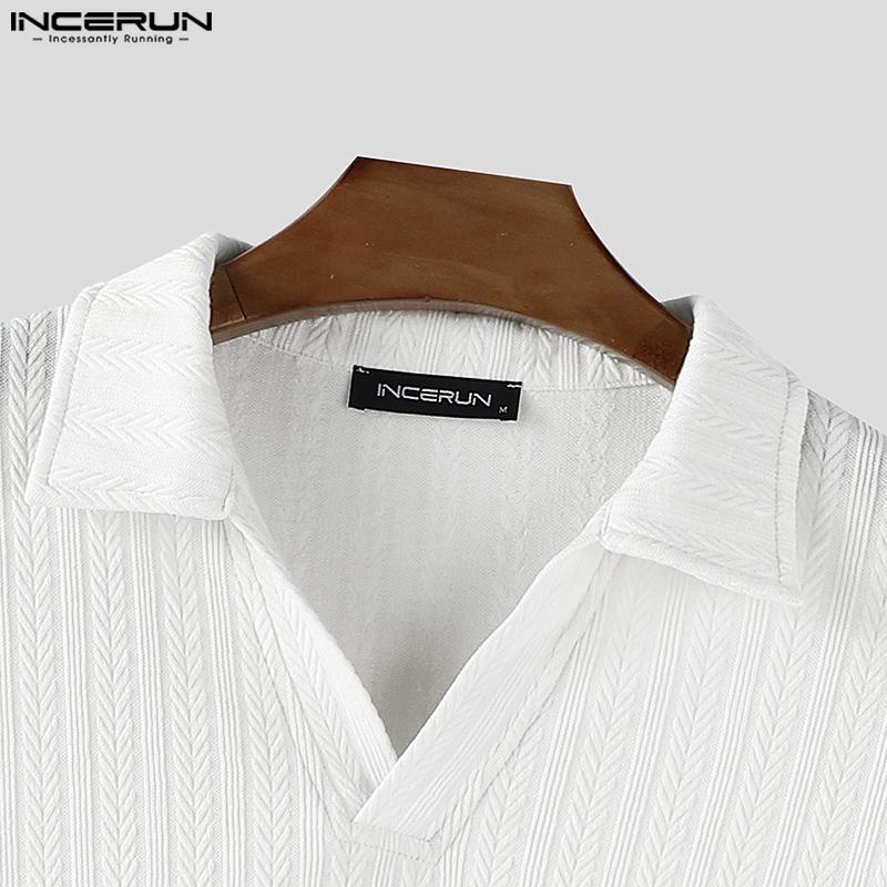 INCERUN Autumn Men Lapel Neck Long Sleeve Texture Pullover Tops