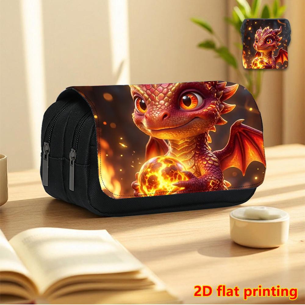 Magic Flame Dragon 2D Printed Double-Layer Flip-Top Black Pencil Case - Back-to-School Essential Pencil Box, Daily Multi-Functional Makeup Bag, Large-