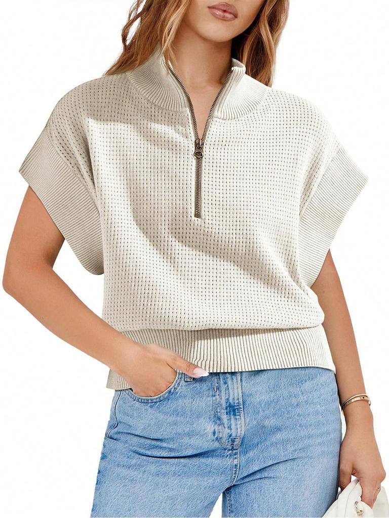 Women's Half Zip Cropped Knit Top Cap Sleeve Lightweight Oversized Sweater Vest