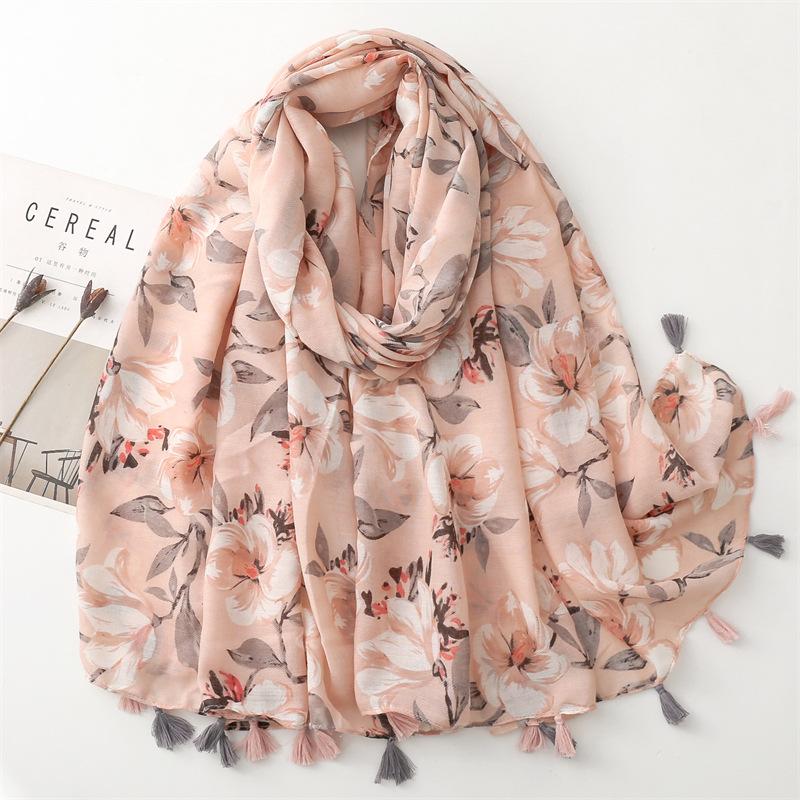 Four Seasons Soft Cotton And Hemp Texture Silk Scarf Women'S Word Pattern Pink Grey Flower Tassel Travel Shawl