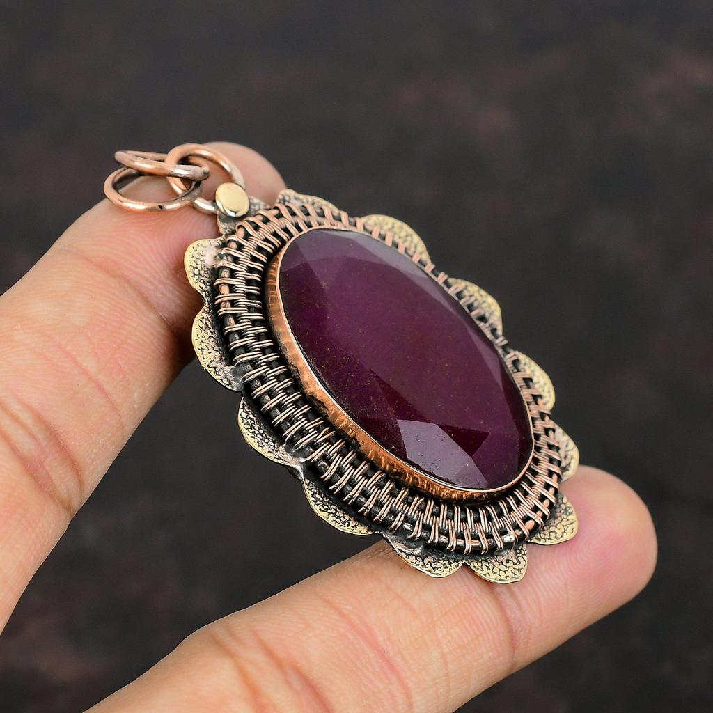 Кулон с ограненным кашмирским рубином, медный кулон, оригинальный кулон с драгоценным камнем, ювелирное изделие ручной работы, изящный кулон, красивые медные ювелирные изделия, подарки для него