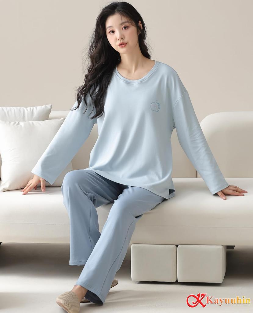 Kayuuhin Long Sleeve Loose and Comfortable Pullover Pajamas Blue Size Women's Pajamas, 100% Cotton, Spring/Autumn Loungewear, Cute, Fit, Soft,