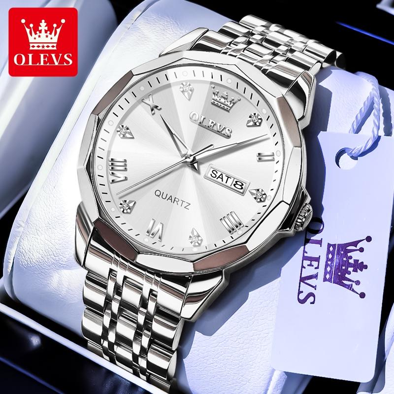 OLEVS Luxury Man Watch Solid Steel Strap Waterproof Men's Watches Fashion Rhombus Mirror Dual Calendar Quartz Wristwatches 9931