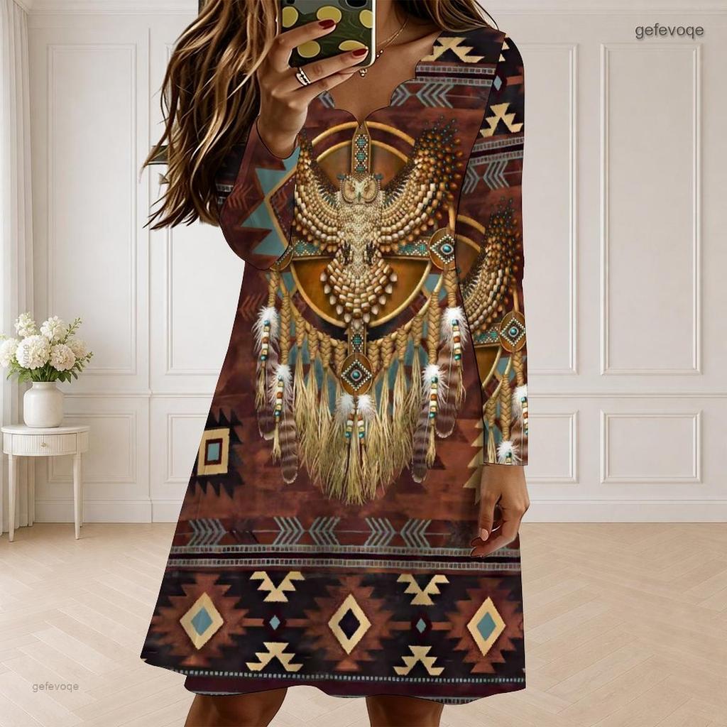 Women Plus Size Scallop V Neck Long Sleeve Navy Blue White Red American Flag Star Printed Dress