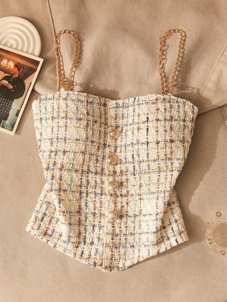 Plaid Tank Top Solid Metal Chain Halter Crop Tops Women Summer Camis Backless Camisole Fashion Casual Tube Female Sleeveless Cropped Vest Y2K