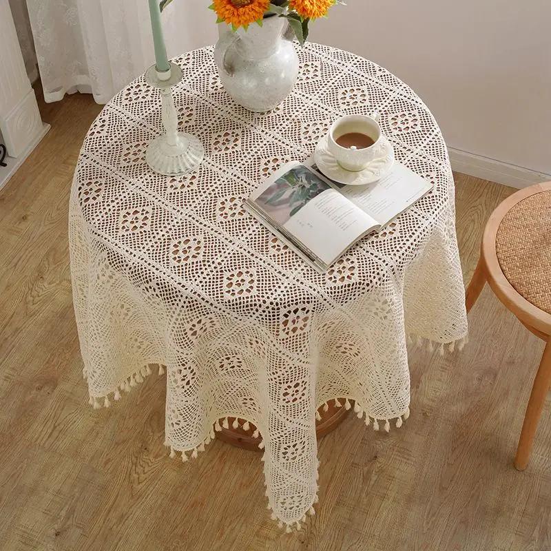 Вязаная ажурная скатерть из хлопчатобумажной нити, прямоугольная квадратная домашняя крышка для стола, бежевое кружевное декоративное полотенце с бахромой