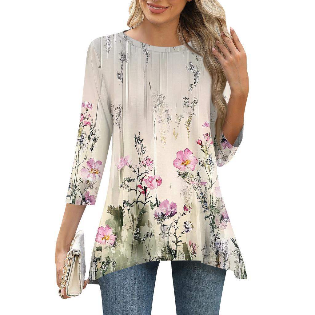 3/4 рукав туника топы для женщин принтованный повседневный выходной свободный крой модная базовая футболка с круглым вырезом