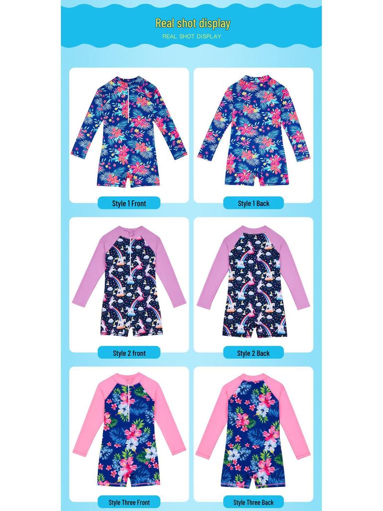 Детский слитный купальник с длинным рукавом и единорогом для девочек.