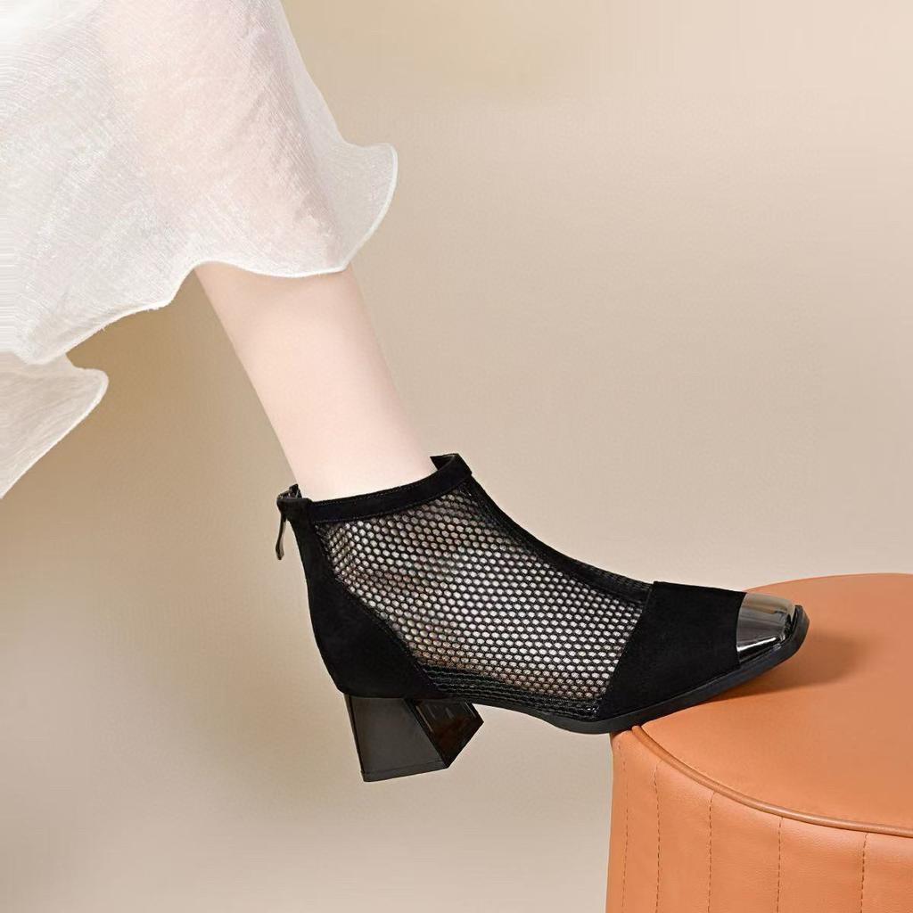 High-heeled Mesh Single Shoes Women's Spring New Iron Bag Head Square Head Thick Heel Net Boots Rear Zipper Cool Boots