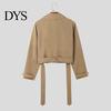 Solid Color Windbreaker Cropped Jacket Retro Style Lapel Long Sleeve Single Breasted with Belt