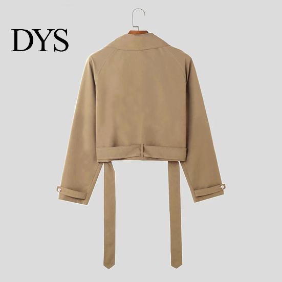 Solid Color Windbreaker Cropped Jacket Retro Style Lapel Long Sleeve Single Breasted with Belt
