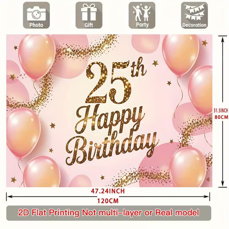 2D Soft Pink 25th Birthday Backdrop with Gold Confetti Photo Booth Banner