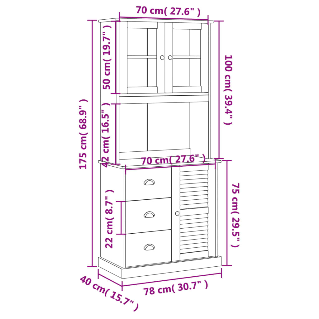 VIGO Highboard White 78 x 40 x 175 cm Solid Pine Wood