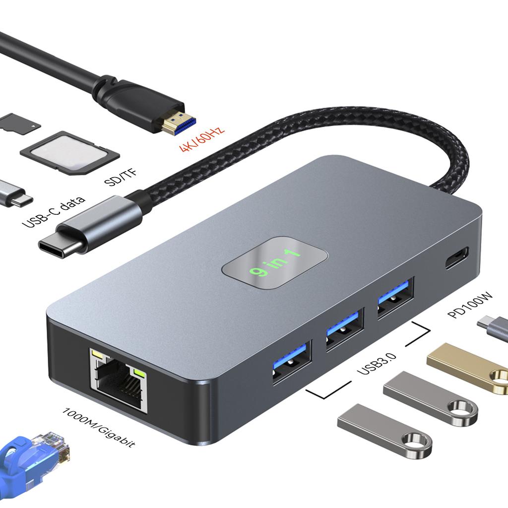 9 In 1 TYPE-C To RJ45 (Gigabit)+USB3.0*3+HDMI+USB-CS Data+PD100W+SD/TF MacBook