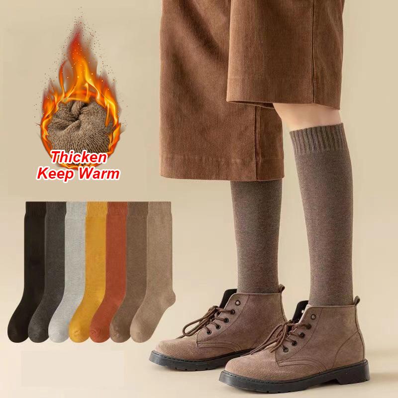 Зимние теплые длинные носки, женские толстые термохлопковые гольфы, дышащие однотонные повседневные утепленные махровые чулки в стиле Харадзюку