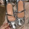 Sheepskin~ Invisible Inner Height Increase 8.5CM Small Man with Bow Mary Jane Shoes Silver Thick Heel Single Shoes Women