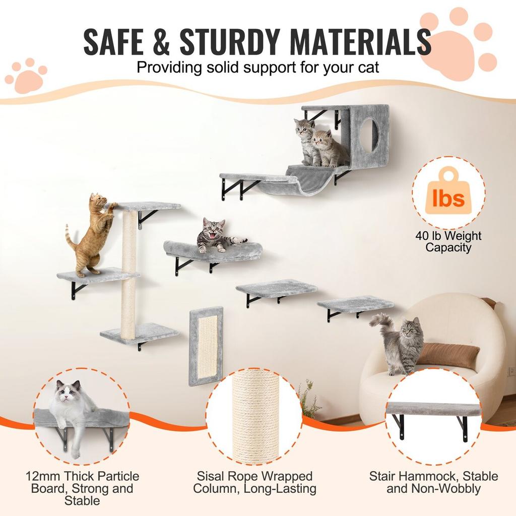 Wall Mounted Cat Shelves Tree with Jump Boards Hammock Sofa Grip Set of 6