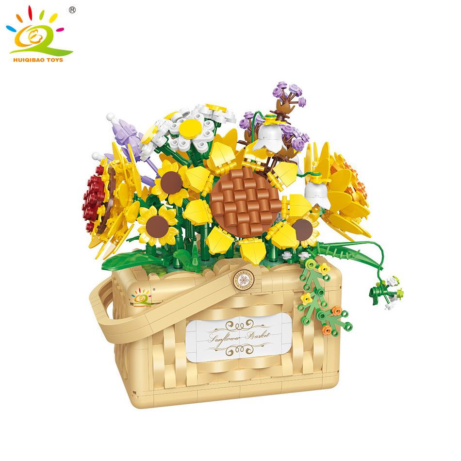 Flower Rose Sunflower Potted Mini Building Blocks 3D Bouquet Model MOC Micro Bricks Children Construction Toys Friend
